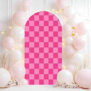 Wedding Arch Backdrop Cover 7.2FT Pink Checkered Board repeatable hot Pink Checkerboard Pattern veclor Spandex Fitted Arch Cover Round Top Stands Cover for Birthday Party Ceremony Banquet Decoration (Color5)