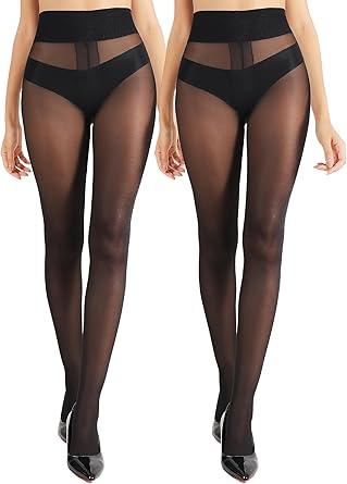 DancMolly Sheer Tights for Women High Waist Black T-Crotch Stockings, 2 Pairs