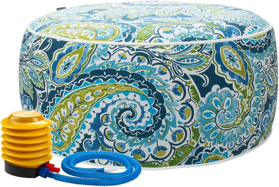 Magpie Fabrics Indoor/Outdoor Inflatable Stool Ottoman Pouf, Water Repellent Round Footrest Footstool with Foot Pump D20 xH9, Portable for Patio Garden Camping or Home, Paisley Lapis Green Magpie Fabrics Indoor/Outdoor Inflatable Stool Ottoman Pouf, Water Repellent Round Footrest Footstool with Foot Pump D20 xH9, Portable for Patio Garden Camping or Home, Paisley Lapis Green
