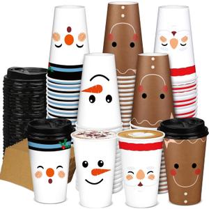 Zhehao 90 Pcs/30 Sets Christmas Paper Coffee Cups with Lids and Sleeves Disposable Hot Cocoa Party Paper Cups for Hot Chocolate Accessories(16 oz,Snowman)