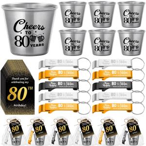 Domensi 30 Sets 80th Birthday Party Favors for Guests Bulk Include Cheers to 80 Years Short Cups Beer Bottle Opener Keychains Thank You Cards with Gift Bags and Ropes for Birthday Party Gifts