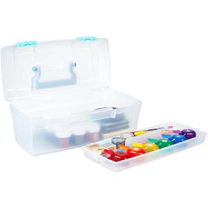 ArtBin 6937AG Essentials Lift-Out Tray Box, Portable Art & Craft Organizer with Handle and Tray, Clear/Aqua, 13 x 6 x 5.625 inches