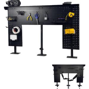 Studio Desk Pegboard with 2 Monitor Mounts Gas Spring Adjustable Arms, Work Bench 47 x 31 inch Heavy Duty Steel Stand Pegboard-Table Shelf Organizer for Workshop, Gaming and Live Streaming Accessories