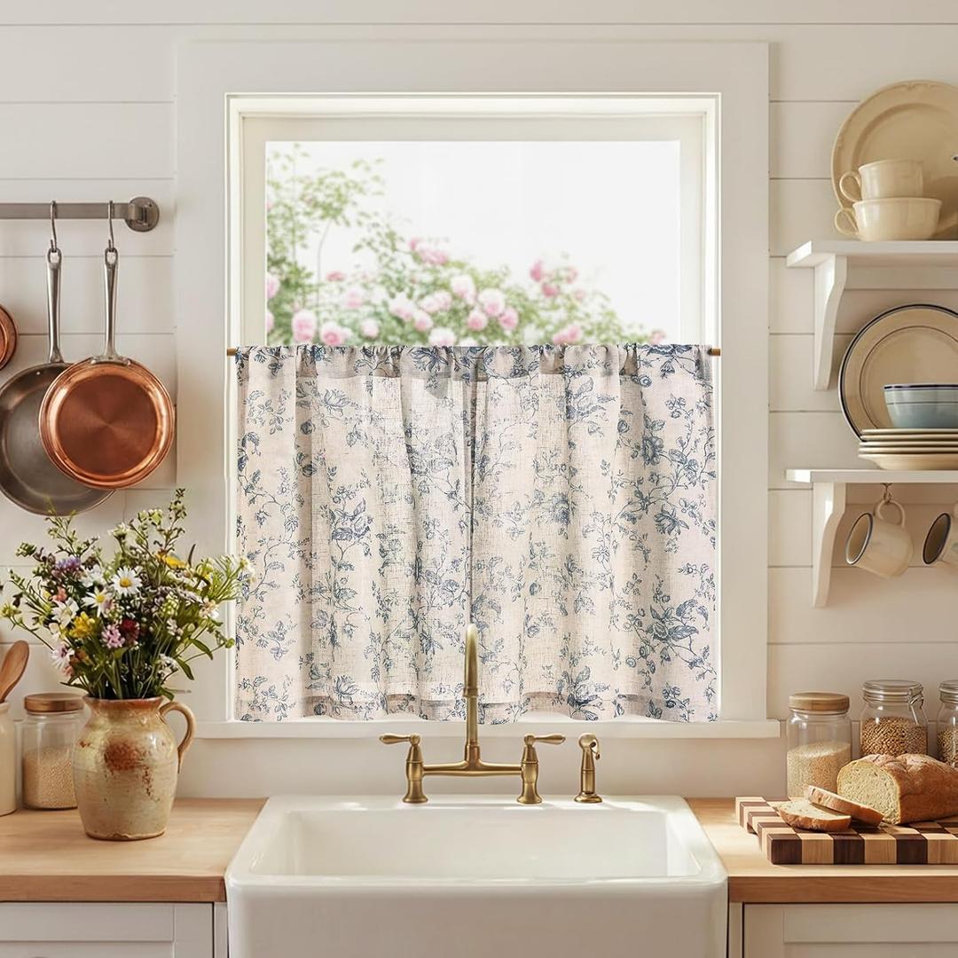 jinchan Amlie Floral Kitchen Curtains 30 Inch Length Linen Cafe Curtains Small Window Drapes Light Filtering Botanical Farmhouse for Bedroom Bathroom Rod Pocket 2 Panels Blue on Linen