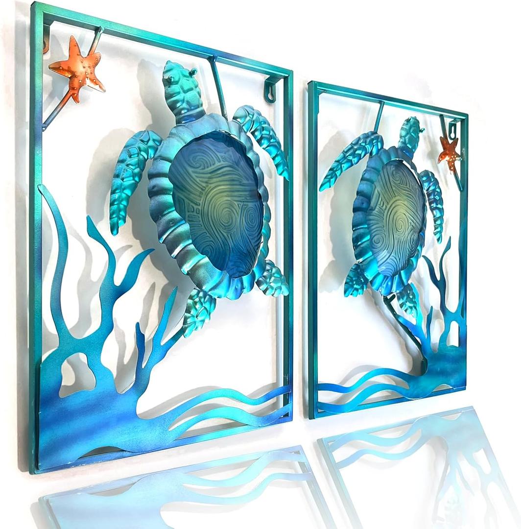 LIFFY Metal Sea Turtle Beach Themed Bathroom Wall Art Decor with Frame-Outdoor Wall Art with LED Fairy Lights, Fish Glass Art Wall Sculpture for Patio,Beach,Garden,Yard,Pool,home gift(2pcs, Blue)