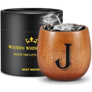 Astonlink Personalized Gifts for Men Husband Dad Boyfriend, Initial Charred Wooden Bourbon Drinking Glass & Whiskey Glasses Gift, Fathers Day Birthday Gifts for Men Dad Husband Brother Him (J)