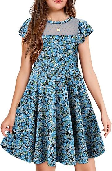 Yoklass Girls Dress Casual Round Neck A Line Ruffle Sleeve Knee Length Dresses Size XL