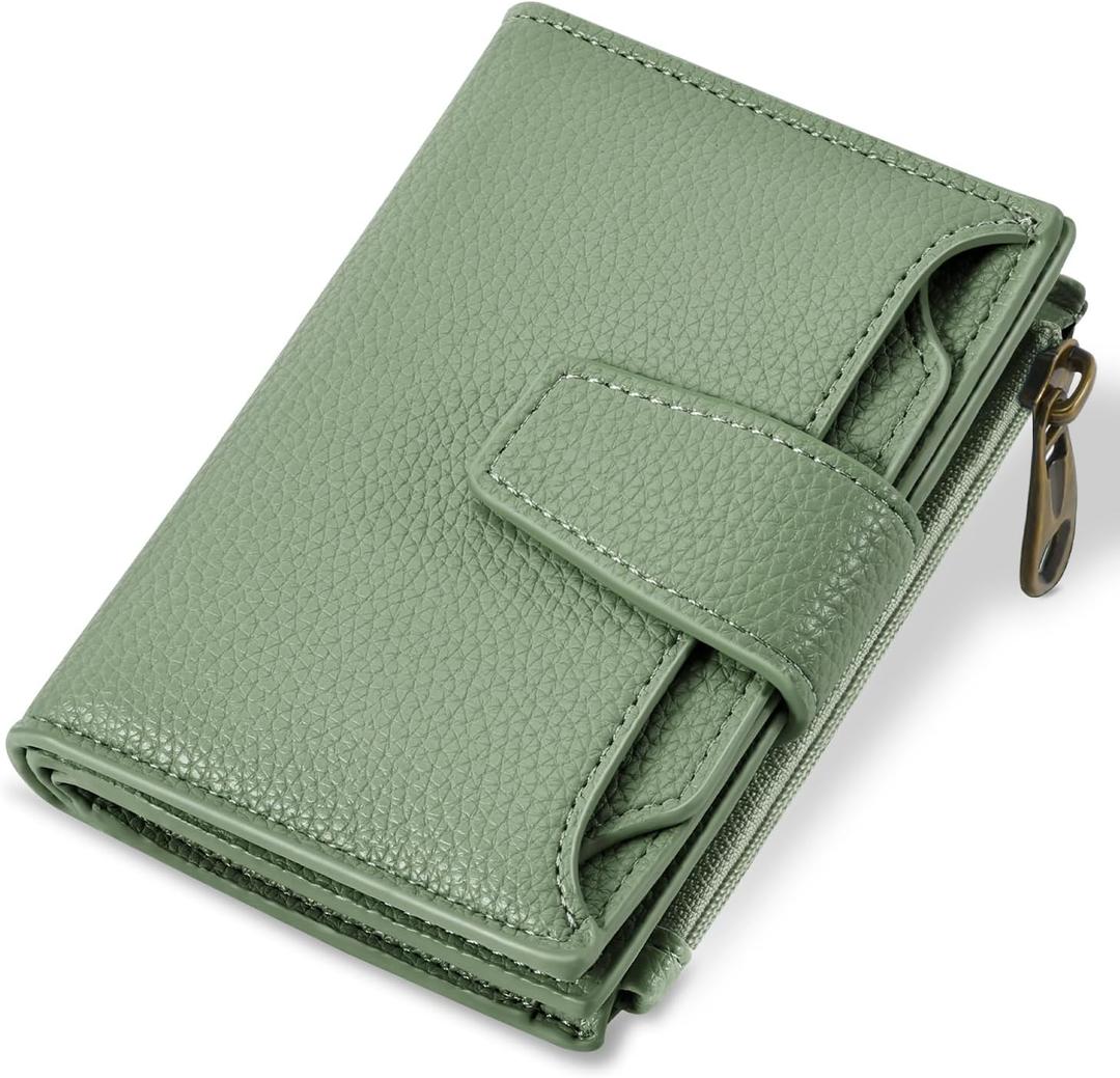 Small Wallet Women RFID Blocking Soft Leather Bifold Compact Card Holder Wallet for Women with Zipper Coin Pocket 4 ID Window (Green Blooming)