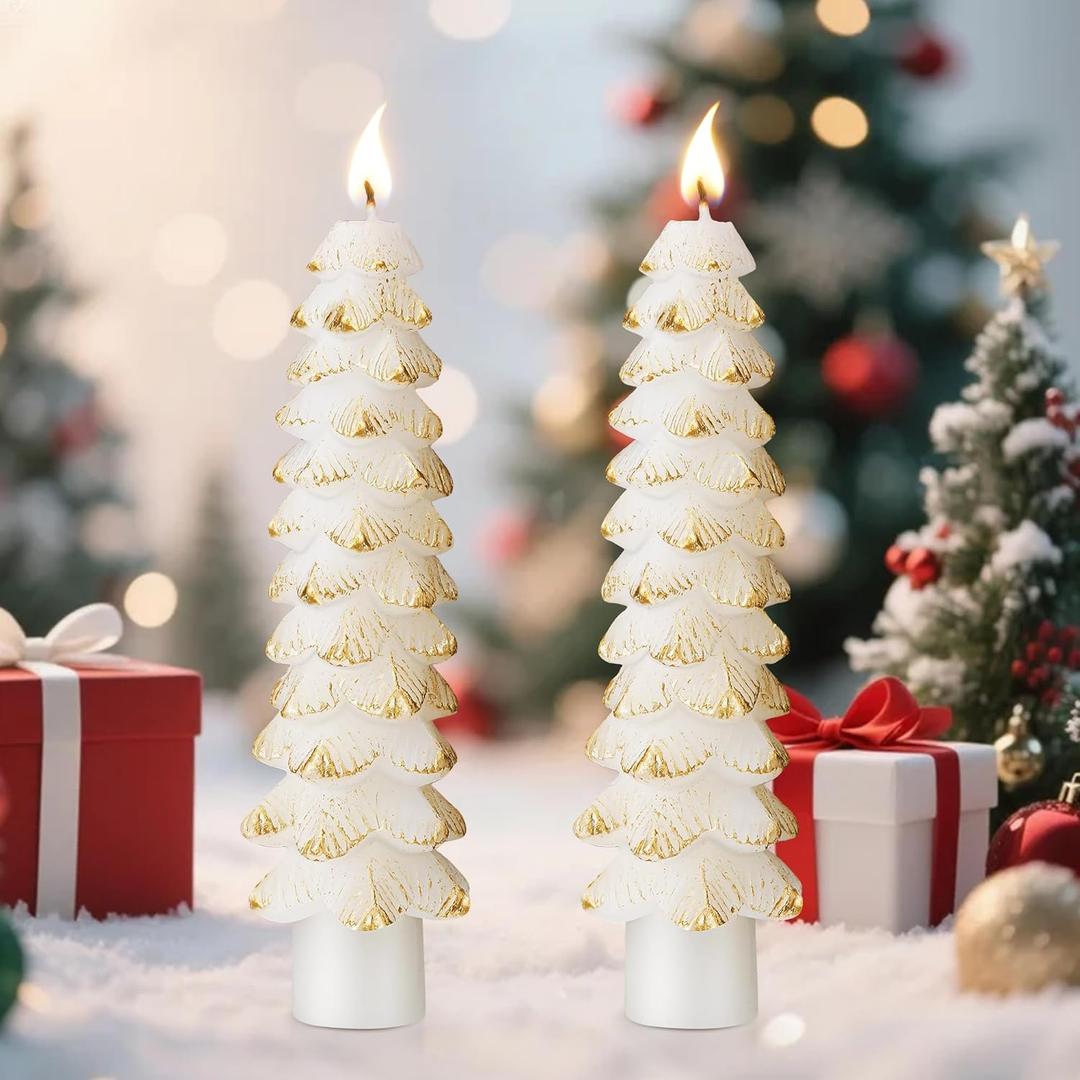 2 Pack Christmas Tree Candles, 5 Inch Unscented Tree Shaped Taper Beeswax Candles for Christmas Holiday Decor Table Centerpiece Display Party Banquet Gift (White with Gold Trim)