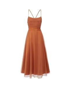 Women Backless Dress Sleeveless Elegance Mesh Ruffled Tie-Up Midi Dresses Flared for Party Wedding Evening Gown Toffee Brown M