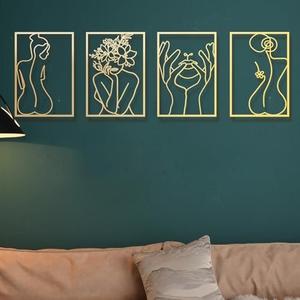 Gold Wall Decor Set of 4, Metal Wall Art, Female Body Modern Abstract Wall Decor for Bathroom, Gold Room Decor, Minimalist Single Line Wall Sculptures Accent Decor for Bathroom Bedroom Living Room