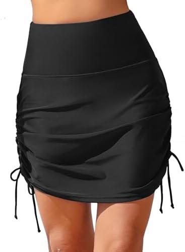 ALove Womens High Waisted Drawstring Swim Skirts Ruched Tummy Control Swimsuit Bottoms XL Black