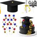 32PCS Graduation Cake Decorations Kit for Class of 2026 Felt Tassel Cap, Firework Cupcake Toppers, Diploma, Balls, Black Theme Graduation Party Supplies for Grads(Black)