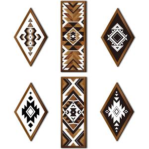 Tatuo 6 Pcs Western Aztec Wall Decor Southwestern Wall Art Boho Farmhouse Geometric Tribal Diamond & Rectangle Wooden Hanging for Home Bedroom Living Room Decor