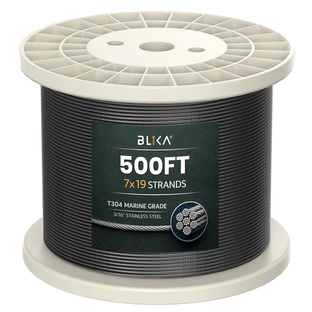 BLIKA 500FT 3/16" Black Stainless Steel Cable, T304 Stainless Steel Cable | Decking Railing Cable, 7 x 19 Strand Construction, 3700lbs Breaking Strength Marine Grade for Rail, Deck and DIY Balustrade