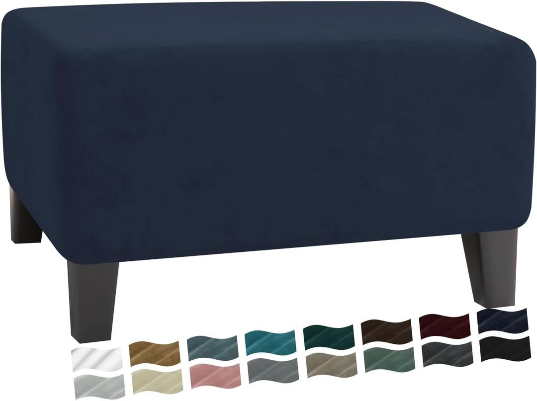 MAXIJIN Velvet Ottoman Slipcover Small Stretch Square Rectangle Footstool Slipcover Folding Storage Ottoman Covers for Living Room with Elastic Bottom (Ottoman Small, Navy Blue)