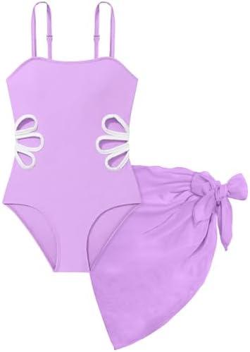 Arssm Girls One Piece Swimsuits Cut Out Bathing Suit with Cover Up Skirt Swimwear 8-14Y