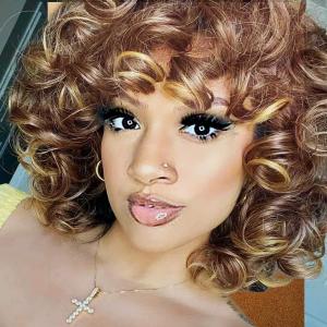 Curly Wigs for Black Women Ombre Blonde Curly Wig with Bangs Big Soft Bouncy Fluffy wig for Women Heat Resistant Short Afro Wig (Brown to Blonde)