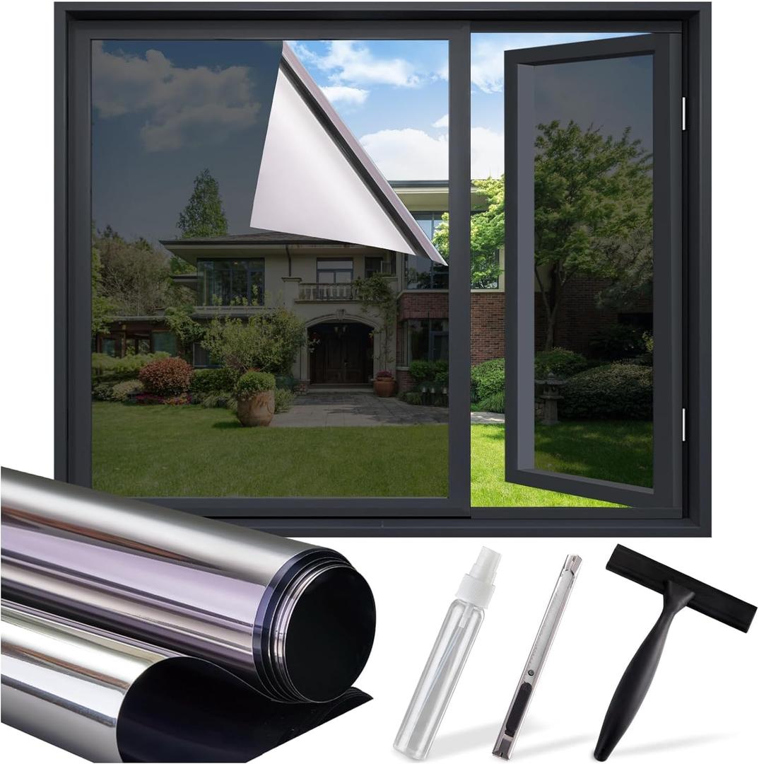 One Way Window Privacy Film, Home Windows Tint Reflective Windows Film See Out Not in Sun Blocking Anti UV Mirror Windows Clings Daytime Privacy Door Window Covering with 3 Tools, 17.5 * 78.7 Inch (17.5 x 78.7Inch, Black)