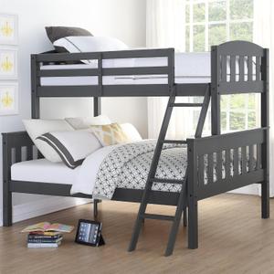 DHP Airlie Convertible Wood Bunk Bed Twin Over Full Size, Stackable and Detachable Bed Frames for Kids, Teens, Angled Ladder, High Guardrail, Wood Slats, No Boxspring Required, Grey