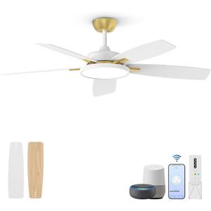 Roomratv Ceiling Fans with Lights,52 inch Smart Ceiling Fans with Dimmable LED Light Compatible with Google Home Alexa App Control(White Gold