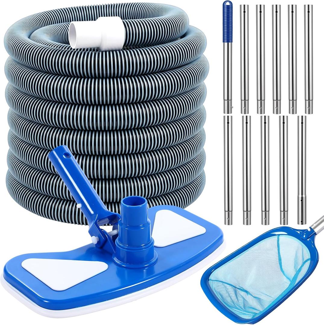 4 Pcs Swimming Pool Vacuum Kits 11.8" Vacuum Head with 1-1/2" x 29.5 ft Hoses, 13.7ft Pole and 17" Skimmer Net Flexible Head with Wheels for Above Ground Inground Hot Tub Cleaning Tool