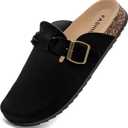Women's Suede Clogs Mens Leather Mules Comfort Cork Footbed Sandals with Arch Support and Adjustable Buckle (Black)