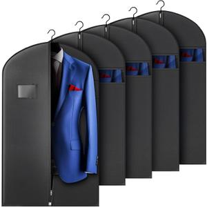 Hleelomi 5 Pack 40-inch Suit Bag Garment Bag for Travel and Storage, Garment Bags for Hanging Clothes with Zipper and Visible Transparent Window, Black