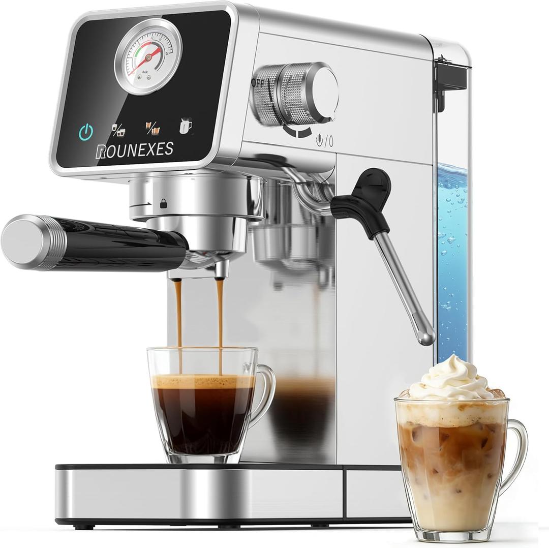 Espresso Machine 20 Bar, Compact Espresso Machine with Milk Frother, Stainless Steel Espresso Maker with Pressure Gauge, 37.2Oz Removable Water Tank for Cappuccino, Latte, Americano (Silver)
