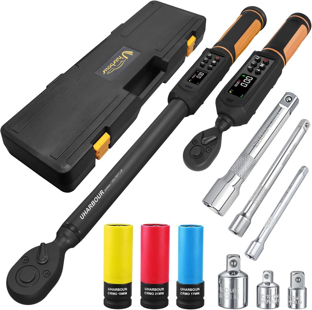 Digital Torque Wrench Set, 1/2"&3/8" Torque Wrench Digital with Dual Direction Ratchet, 3.8-250.8 Ft.lb & 0.66-44.29Ft.lbs Range, 1% Accuracy with Vibration, Buzzer and LED Alert