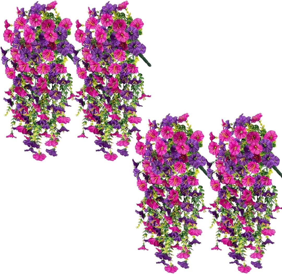 Artificial Hanging Morning Glory Flowers,4PCS Realistic Artificial Hanging Flowers for Outdoor, Wedding Corridor Yard Gardens Porches Patios Balconies Aisle Decor, Color (4)