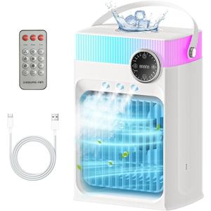 Portable Air Conditioners, Mini AC Unit Cooling Fan for Bedroom,1200ML Small Air Cooler Fans with Remote, 3 Mist,3 Speed,8 Light,2-8H Timer Personal AC Portable for Office Camping Car Desk (White)