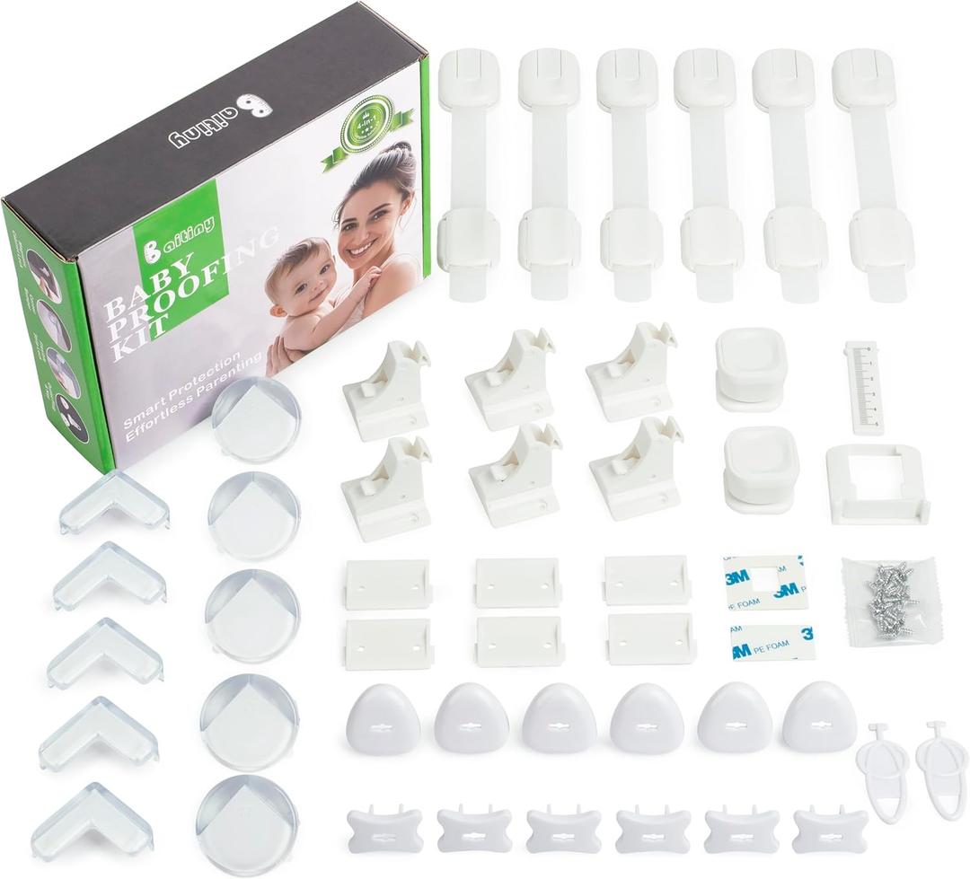 Baby Proofing Kit 44 Pack Child Proof Essentials Set with Magnetic Cabinet Locks, Corner Protectors, Outlet Covers & Adjustable Safety Straps - No Drill Baby Safety Products for Home