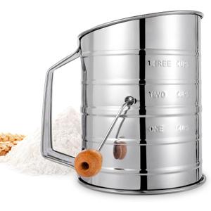 Flour Sifter, 3 Cup Flour Sifter for Baking Fine Mesh Rotary Hand Crank with Loop Agitator for Quick Sifting, Flour Sifter Stainlees Steel, Crank Sifter Flour for Baking Cakes and Spices Toresano