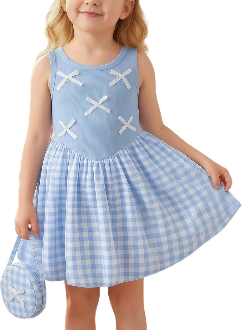 Toddler Girls Dresses Summer Sleeveless Bubble Dress Kids Crew Neck Sling Sundress with Headband and Handbag 2-8Y