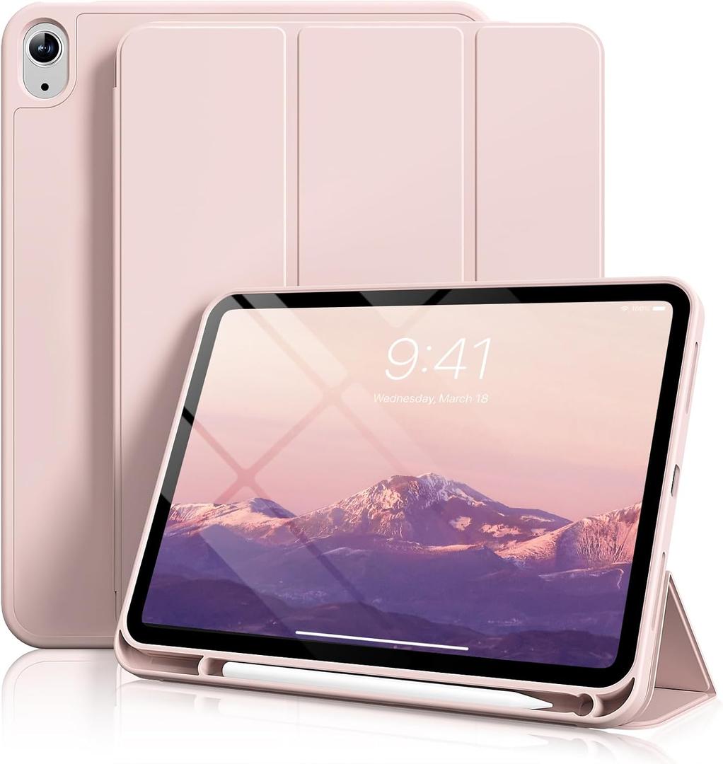 Aoub Case for iPad (A16) 11th Generation 11 Inch 2025, iPad 10th Generation 10.9 inch 2022 with Pencil Holder, Slim Lightweight Trifold Stand Smart Soft TPU Back Cover, Support Touch ID, Light Pink