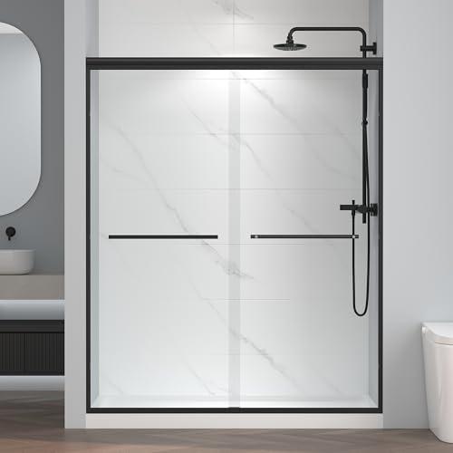 56-60" W x 72" H Semi-Frameless Bypass Sliding Shower Door, Easy-to-Clean Treated Clear Tempered Glass, Matte Black