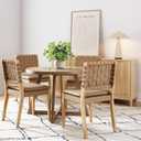 Nathan James Cohen Wood Dining Chair, Mid-Century Modern Upholstered Side Chair with Hand Woven Faux Leather Backrest, Natural Brown, Set of 4