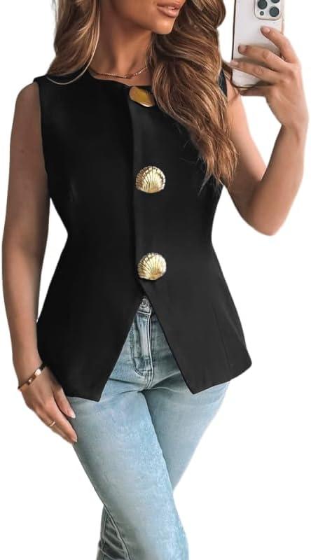 Women's 2025 Summer Casual Sleeveless Suit Vest Round Neck Button Down Work Business Waistcoat Blazer Vest Top (Medium, Black)
