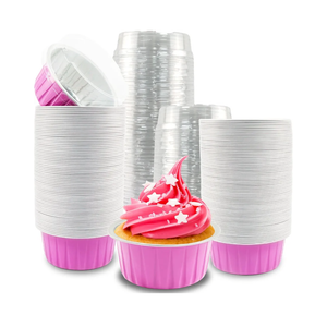 100Pcs Disposable Ramekins, 5oz Mini Cake Pans with Lids Aluminium Foil Baking Cups, Disposable Mini Cake Containers Creme Brulee Ramekins for Christmas Party Wedding Birthday(Pink Silver)