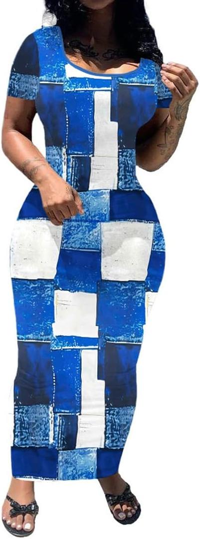 PINSV Women's Casual Bodycon Maxi Dress Summer Scoop Neck Short Sleeve Long Fitted Dresses Club Party Blue Checkered Print L