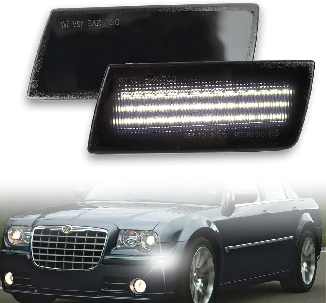 2pcs LED Front Fender Side Marker Lights Kit for Chrysler 300 2004-2014,Smoked Lens Side Bumper Marker Lamps,for Chrysler Amber LED Turn Signal Lamps (White Light)