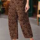 IWOLLENCE Women's Cheetah Printed Corduroy Pants Elastic Waist Cord Baggy Cropped Wide Leg Barrel Pant Brown Leopard, S (S)
