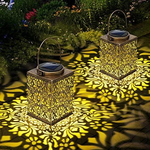 YWYWLED 2 Pack Bronze Solar Lanterns - Waterproof Metal Hanging Solar Lights Outdoor Decorative, Solar Powered LED Lamp for Patio Tabletop Porch Deck Yard Garden Decor for Outside (Rose)
