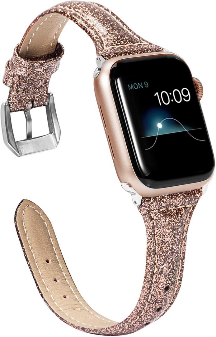 Wearlizer Thin Glitter Leather Compatible with Apple Watch Leather Bands Women 38/40/41/42mm(Series 11 10) for iWatch Series 11 10 9 8 7 6 5 4 3 SE/Ultra 3 2 1 Slim Bling Glistening Strap (Coffee)