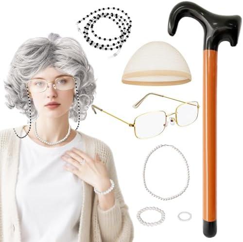 Jnnzzggu 8Pcs Old Lady Wig Set,Grey Wigs for Women,Old Lady Costume with Grandma Wig for Halloween,Party,Cosplay, 100 Days of School Costume