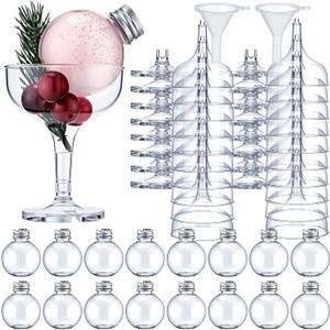 Acellegic 16 Set Christmas Booze Balls Refillable Drink Balls with Champagne Glasses Set - Christmas Tree Hanging Ornaments DIY Clear Round Plastic Fillable Bulbs for Xmas Holiday Party
