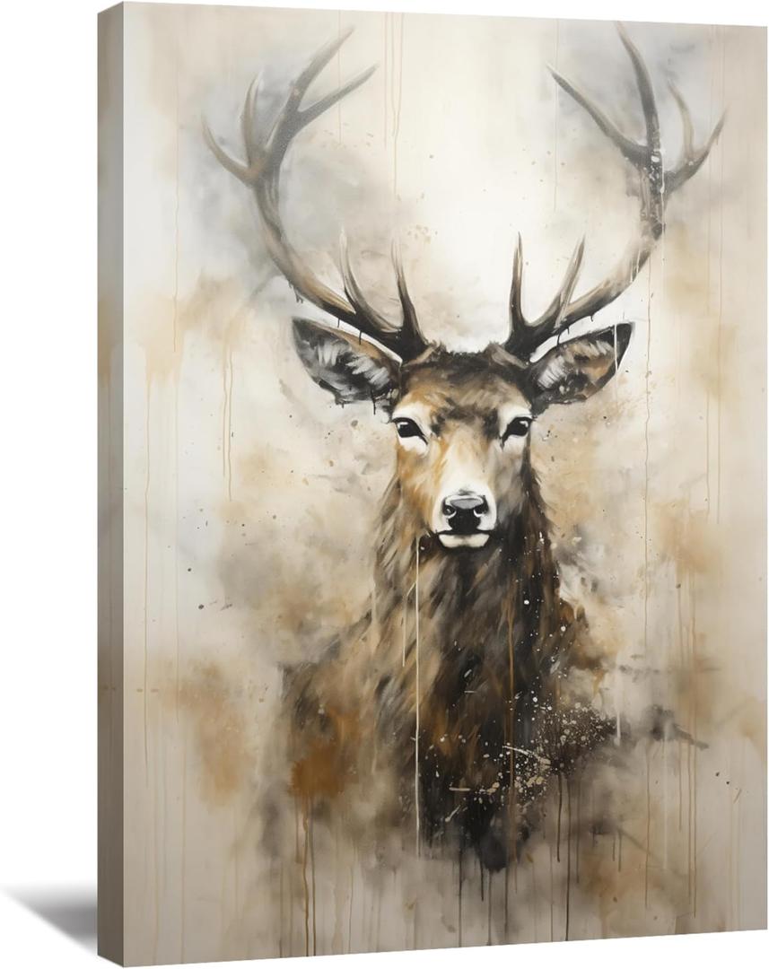 LYUNSHUO Deer Canvas Wall Art Vintage Elk Watercolor Pictures Wall Decor Rustic Farmhouse Wild Animal Painting Framed Artwork for Office Home Decor,Stretched and Framed Ready to, 24"L x 16"W