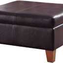 HomePop Faux Leather Square Storage Ottoman with Wood Legs, Distressed Brown