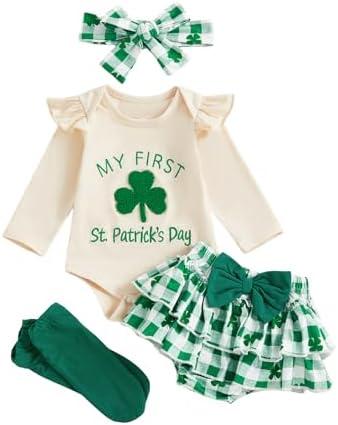 Amnnchya My First St Patricks Day Baby Girl Outfit Clover Romper Plaid Shorts Skirt Newborn Girls Shamrock Clothes 4PCS Set, 3-6 M